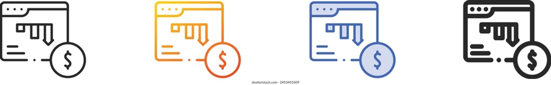 Bankrottsymbol. Dünne lineare, Verlaufs-, blaue Kontur und fett Stil Design isoliert auf weißem Hintergrund