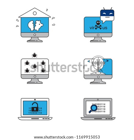 Bankruptcy kriptobirzh, malicious programs, hacker attacks, loss of the secret code, erroneous average bank. Vector icons for website and infographics.