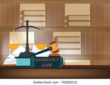 Bankruptcy  law books on a table and blurred bookshelves background with a judge's gavel , judicial and law system conceptual vector illustration.