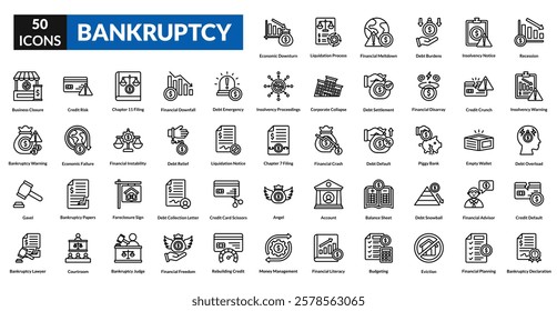 bankruptcy line icon set collection. Recession, Insolvency Warning, Debt Overload, Credit Default, Bankruptcy Declaration, Economic Downturn, Liquidation Process, Financial Meltdown, Debt Burdens