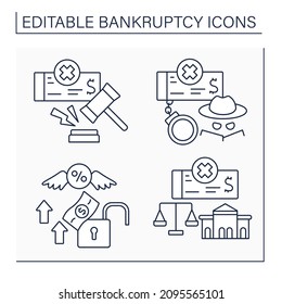 Bankruptcy Line Icons Set. Laws, Fraud, Debt Relief, Court. Economy Collapse Concept. Isolated Vector Illustrations. Editable Stroke