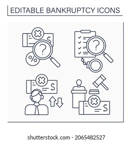 Bankruptcy line icons set. Valuation, means test, auction, administrator. Economy collapse concept. Isolated vector illustrations. Editable stroke