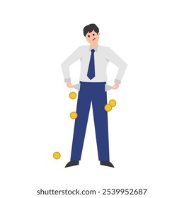 Bancarrota, un hombre con los bolsillos vacíos. Ilustración plana de color simple de Vector.