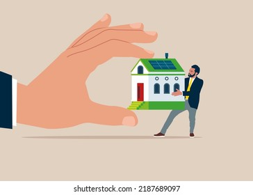 Bankruptcy man fighting to hold back their house with big legal hand evict it by law. Eviction and mortgage debt, foreclosure or difficulty to pay back bank mortgage loan.