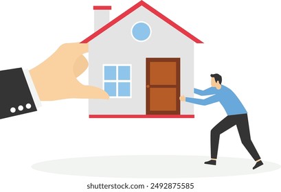 Bankruptcy man fighting to hold back their house with big legal hand evict it by law. Eviction and mortgage debt, foreclosure or difficulty to pay back bank mortgage loan.

