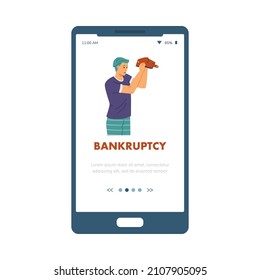 Bankruptcy mobile app onboarding screen template. Phone screen star page design with young man having financial problems, flat cartoon vector illustration.