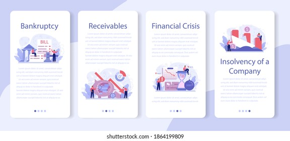 Bankruptcy mobile application banner set. Financiall crisis with falling down profit graph and money decrease. Idea of financial and business risk and loses. Flat vector illustration