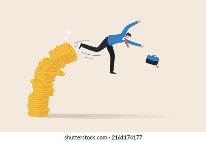 Bankruptcy, Money loss, Debt increase, Lack of finance, investment fund risk, wealth devaluation, income decrease. Businessman falls from a stack of coins.