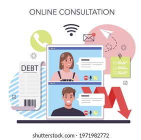 Bankruptcy online service or platform. Financiall crisis with falling down profit and money decrease. Online consultation. Flat vector illustration