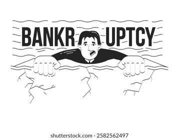 Bankruptcy problem doodle line illustration concept. Business project failure. Scared korean businessman falling from cliff into water 2D outline character isolated. Hand drawn ink drawing monochrome