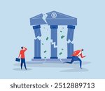  bankruptcy problem,businessman running  collapsing bank building.Banking collapse or bank run, financial crisis or bankruptcy problem,failure or investment failure concept, 