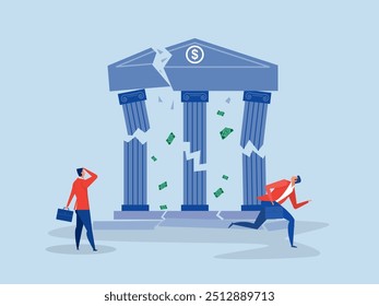  bankruptcy problem,businessman running  collapsing bank building.Banking collapse or bank run, financial crisis or bankruptcy problem,failure or investment failure concept, 