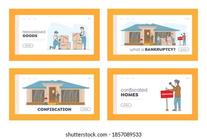 Bankruptcy, Property Confiscation Landing Page Template Set. Frustrated, Disappointed Female Character Crying front Home Door. Bailiff Seal House with Chain and Lock. Linear People Vector Illustration