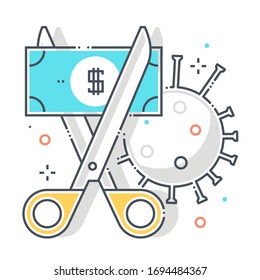 Bankruptcy related color line vector icon, illustration. The icon is about money, economy, scissors, tax, corona virus, contamination, epidemic. The composition is infinitely scalable.