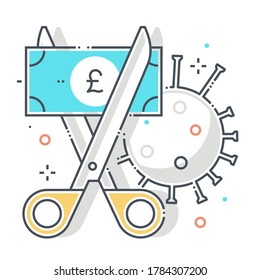 Bankruptcy related color line vector icon, illustration. The icon is about money, economy, scissors, tax, corona virus, contamination, epidemic. The composition is infinitely scalable.