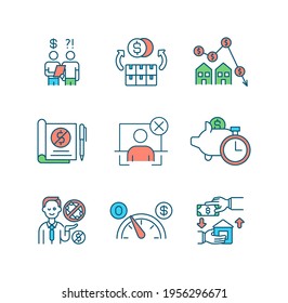 Bankruptcy RGB color icons set. Debt collector. Financial distress. Assets liquidation. Declining revenues. Cash flow insolvency. Money saving. Means test. Lien on house. Isolated vector illustrations