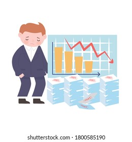 bankruptcy sad businessman diagram financial down arrow and debt papers business crisis vector illustration