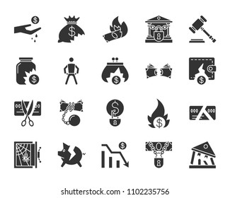 Bankruptcy Silhouette Icons Set. Isolated Monochrome Web Sign Kit Of Business. Crisis Pictogram Collection Includes Decline, Debt, Crash. Simple Bankruptcy Symbol. Vector Icon Shape For Stamp