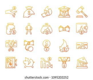 Bankruptcy thin line icons set. Outline vector web sign kit of business. Crisis linear icon collection includes safe, piggy, debt. Color gradient simple bankruptcy symbol isolated on white bacground