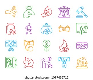 Bankruptcy thin line icons set. Outline monochrome web sign kit of business. Crisis linear icon collection includes decline, debt, crash. Isolated simple bankruptcy symbol vector Illustration