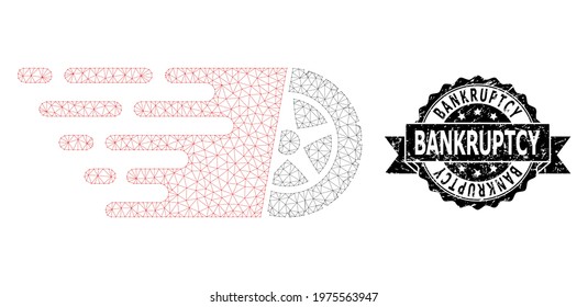 Bankruptcy unclean watermark and vector tire wheel mesh model. Black stamp seal has Bankruptcy title inside ribbon and rosette. Abstract flat mesh tire wheel, designed with flat mesh.