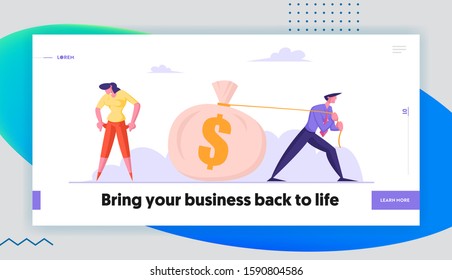 Bankruptcy, Unemployment, Crisis Website Landing Page. Businessman Pulling Huge Sack with Dollars, Businesswoman Turn Out Empty Pockets with No Money Web Page Banner. Cartoon Flat Vector Illustration