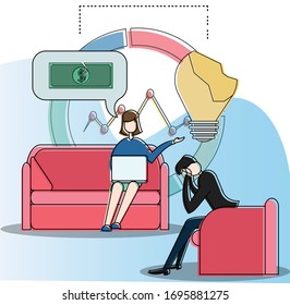 Bankruptcy vector concept with businessman feeling frustrated while the businesswoman thinking of money, isolated in white and blue background with business pie chart and broken light bulb icons