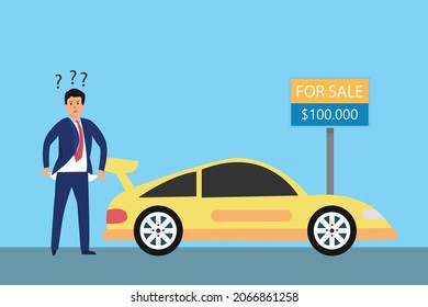 Bankruptcy vector concept. Sad businessman showing empty pocket while standing near the sold car