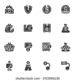 Bankruptcy vector icons set, financial crisis modern solid symbol collection, filled style pictogram pack. Signs, logo illustration. Set includes icons as business problem, money loss, cash burning