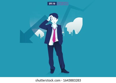 Bankruptcy vector illustration  concept. Businessman with broke company. global financial crisis with arrow decrease symbol. economy drop, lost,and bankrupt