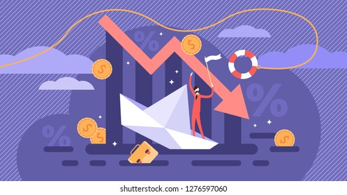 Bankruptcy vector illustration. Flat tiny person concept with broke company. Sinking business process in financial crisis. Economical loan payback problem and investment failure and budget collapse.