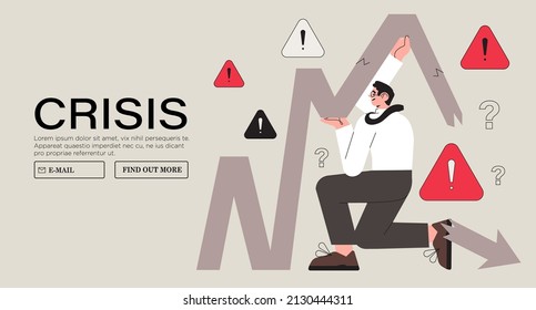 Bankruptcy vector illustration. World economy crash or financial crisis. Economical problem and investment failure and budget collapse. Business person or man in panic try to stop collapse and fail.