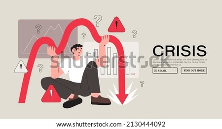 Bankruptcy vector illustration. World economy crash or financial crisis. Economical problem and investment failure and budget collapse. Business person or man in panic try to stop collapse and fail.