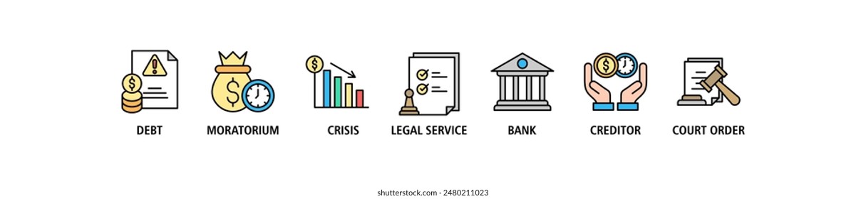 Bankruptcy web banner concept icon set vector illustration contain debt, moratorium, crisis, legal service, bank, creditor and court order.