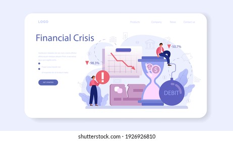 Bankruptcy web banner or landing page. Financiall crisis with falling down profit graph and money decrease. Idea of financial and business risk and loses. Flat vector illustration