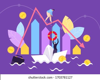 Bankruptsy sinking business, falling chart concept vector illustration. Decreasing income chart, profit table. Man character businessman rescues cofounder common cause, hold out lifebuoy.