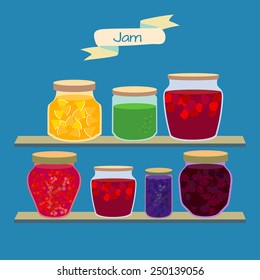  Banks with different jam on the shelves.  vector illustration