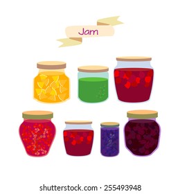  Banks with different jam on a white background. vector illustration