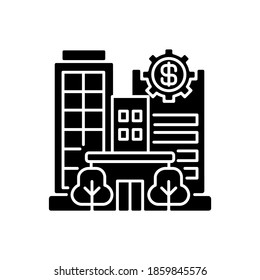 Banks and financial institutions black glyph icon. Business operations. Banking institutions. Investment companies. Brokerage firms. Silhouette symbol on white space. Vector isolated illustration