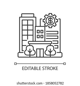 Banks and financial institutions linear icon. Business operations. Banking institutions. Thin line customizable illustration. Contour symbol. Vector isolated outline drawing. Editable stroke