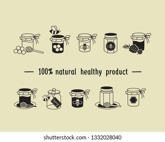 Banks of honey and jam. Bee honeycombs and bees. 100% natural and healthy product. Retro icon set
