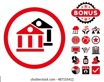 Banks icon with bonus design elements. Vector illustration style is flat iconic bicolor symbols, intensive red and black colors, white background.