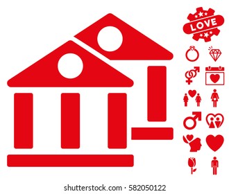 Banks icon with bonus lovely design elements. Vector illustration style is flat iconic red symbols on white background.