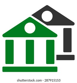 Banks icon from Business Bicolor Set. This flat vector symbol uses green and gray colors, rounded angles, and isolated on a white background.