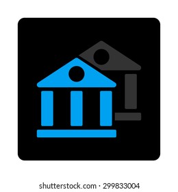 Banks icon. This flat rounded square black button uses gray and blue colors and isolated on a white background.