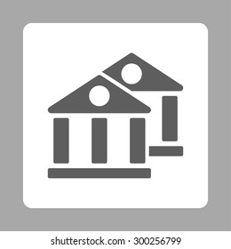 Banks icon. This flat rounded square button uses dark gray and white colors and isolated on a silver background.