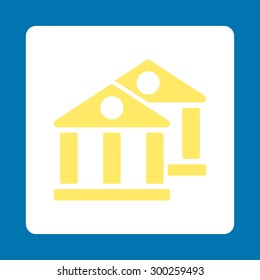 Banks icon. This flat rounded square button uses yellow and white colors and isolated on a blue background.