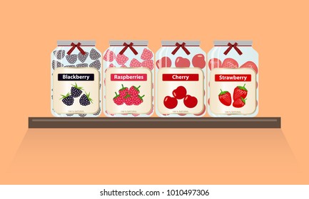 Banks with jam are on the shelf. A set of jars with jam, canned food. Flat design, vector illustration, vector.
