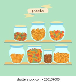 Banks on the shelves with different types of pasta. Editable Vector illustration.