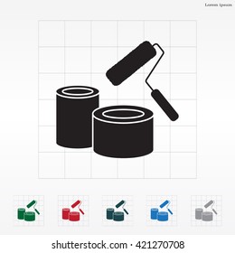 Banks of paint and roller icon 